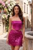 2-Piece Strapless Royal Blue Sequin Fringed Bodycon Corset Homecoming Dress