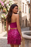 2-Piece Strapless Royal Blue Sequin Fringed Bodycon Corset Homecoming Dress