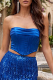 2-Piece Strapless Royal Blue Sequin Fringed Bodycon Corset Homecoming Dress