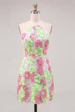 Pink and Green Beaded Floral Embroidered Short Homecoming Dress