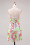 Pink and Green Beaded Floral Embroidered Short Homecoming Dress