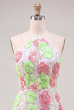 Pink and Green Beaded Floral Embroidered Short Homecoming Dress