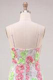 Pink and Green Beaded Floral Embroidered Short Homecoming Dress