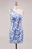 One Shoulder Blue Sequin Bodycon Homecoming Dress