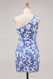One Shoulder Blue Sequin Bodycon Homecoming Dress