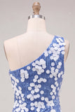 One Shoulder Blue Sequin Bodycon Homecoming Dress