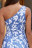 One Shoulder Blue Sequin Bodycon Homecoming Dress