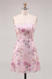 Strapless Pink Floral A Line Sequin Short Homecoming Dress