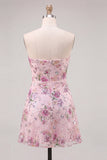 Strapless Pink Floral A Line Sequin Short Homecoming Dress