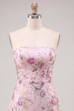 Strapless Pink Floral A Line Sequin Short Homecoming Dress