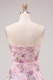 Strapless Pink Floral A Line Sequin Short Homecoming Dress
