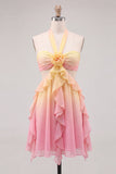 Halter Gradient Yellow and Pink A Line Ruffled Short Homecoming Dress