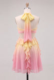 Halter Gradient Yellow and Pink A Line Ruffled Short Homecoming Dress