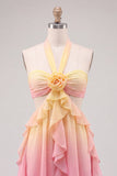 Halter Gradient Yellow and Pink A Line Ruffled Short Homecoming Dress