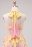 Halter Gradient Yellow and Pink A Line Ruffled Short Homecoming Dress