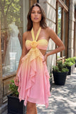 Halter Gradient Yellow and Pink A Line Ruffled Short Homecoming Dress