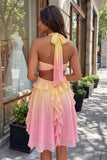 Halter Gradient Yellow and Pink A Line Ruffled Short Homecoming Dress