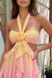 Halter Gradient Yellow and Pink A Line Ruffled Short Homecoming Dress