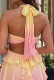 Halter Gradient Yellow and Pink A Line Ruffled Short Homecoming Dress