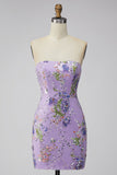 Pink Floral Sequin Strapless Bodycon Short Homecoming Dress
