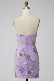 Pink Floral Sequin Strapless Bodycon Short Homecoming Dress