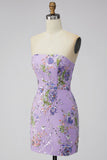 Pink Floral Sequin Strapless Bodycon Short Homecoming Dress