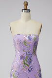 Pink Floral Sequin Strapless Bodycon Short Homecoming Dress