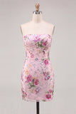 Pink Floral Sequin Strapless Bodycon Short Homecoming Dress