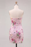 Pink Floral Sequin Strapless Bodycon Short Homecoming Dress