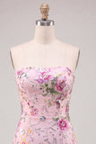 Pink Floral Sequin Strapless Bodycon Short Homecoming Dress