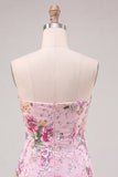 Pink Floral Sequin Strapless Bodycon Short Homecoming Dress