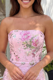 Pink Floral Sequin Strapless Bodycon Short Homecoming Dress