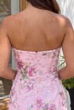 Pink Floral Sequin Strapless Bodycon Short Homecoming Dress
