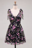 Black Sequin Floral A Line V Neck Short Homecoming Dress