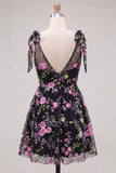 Black Sequin Floral A Line V Neck Short Homecoming Dress