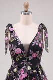 Black Sequin Floral A Line V Neck Short Homecoming Dress