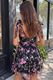 Black Sequin Floral A Line V Neck Short Homecoming Dress
