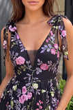 Black Sequin Floral A Line V Neck Short Homecoming Dress