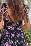 Black Sequin Floral A Line V Neck Short Homecoming Dress