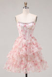 Strapless A Line Floral Corset Pink Homecoming Dress