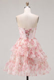 Strapless A Line Floral Corset Pink Homecoming Dress