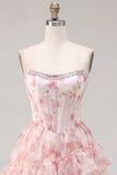 Strapless A Line Floral Corset Pink Homecoming Dress