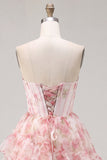 Strapless A Line Floral Corset Pink Homecoming Dress