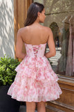 Strapless A Line Floral Corset Pink Homecoming Dress
