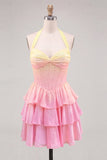 Yellow and Pink Gradient Halter A Line Tiered Corset Homecoming Dress