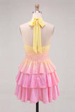 Yellow and Pink Gradient Halter A Line Tiered Corset Homecoming Dress