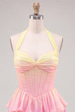 Yellow and Pink Gradient Halter A Line Tiered Corset Homecoming Dress