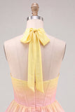 Yellow and Pink Gradient Halter A Line Tiered Corset Homecoming Dress