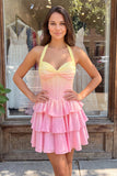 Yellow and Pink Gradient Halter A Line Tiered Corset Homecoming Dress
