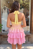 Yellow and Pink Gradient Halter A Line Tiered Corset Homecoming Dress